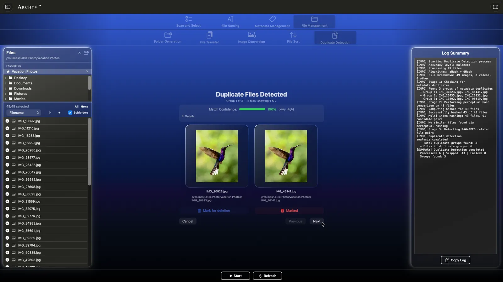 The Archyv duplicate review window: two copies of the same hummingbird photo side by side, with a match confidence of 100%, one marked for deletion and the other kept.