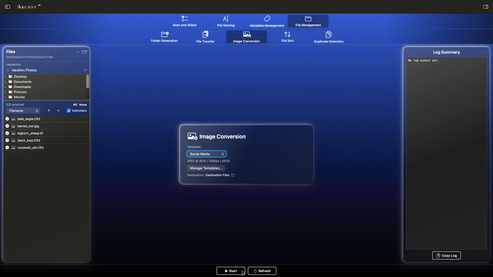 The Archyv Image Conversion panel with the template menu open on the Social Media preset, its summary line reading JPEG at 90%, 1080px, sRGB, and a destination folder chosen.