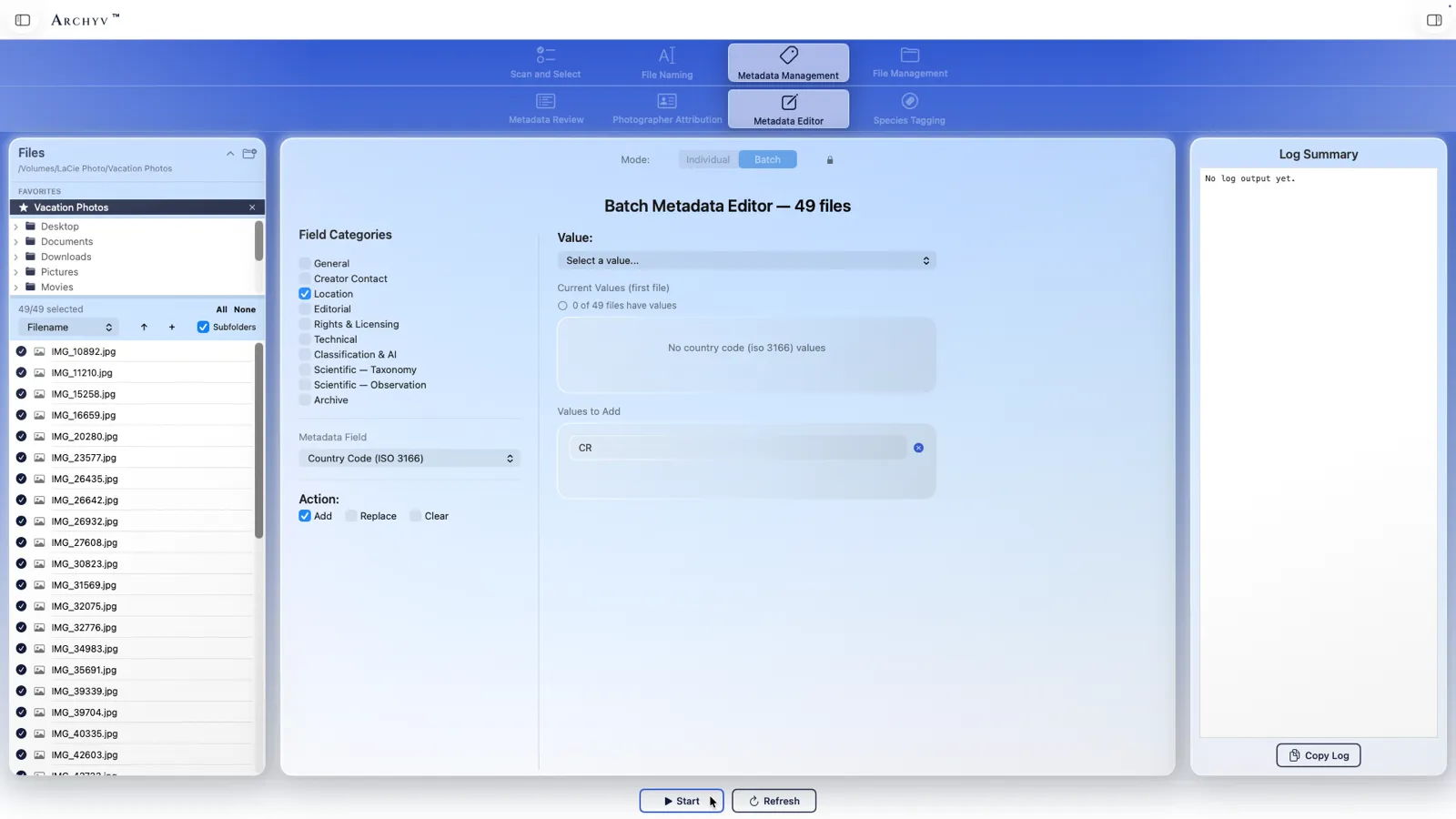 The Archyv Metadata Editor in Batch mode across 49 files: the Location category selected, the Country Code (ISO 3166) field chosen, the panel reporting that 0 of 49 files currently have a value, and CR queued under Values to Add.